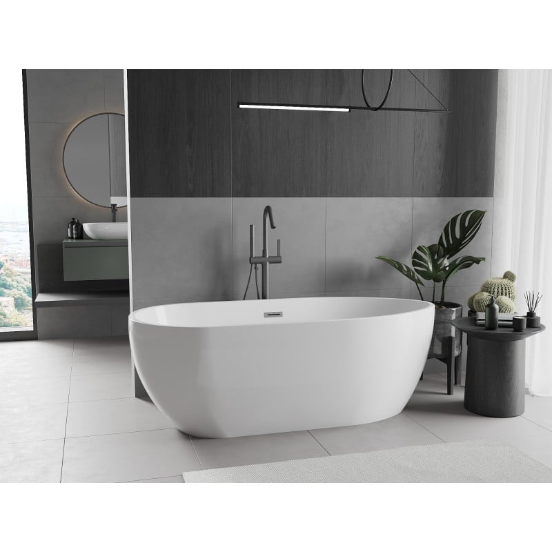 Mexen Eos freistehende Badewanne 150 x 75 cm, weiß, Überlauf Gun Metal - 52471507500-95