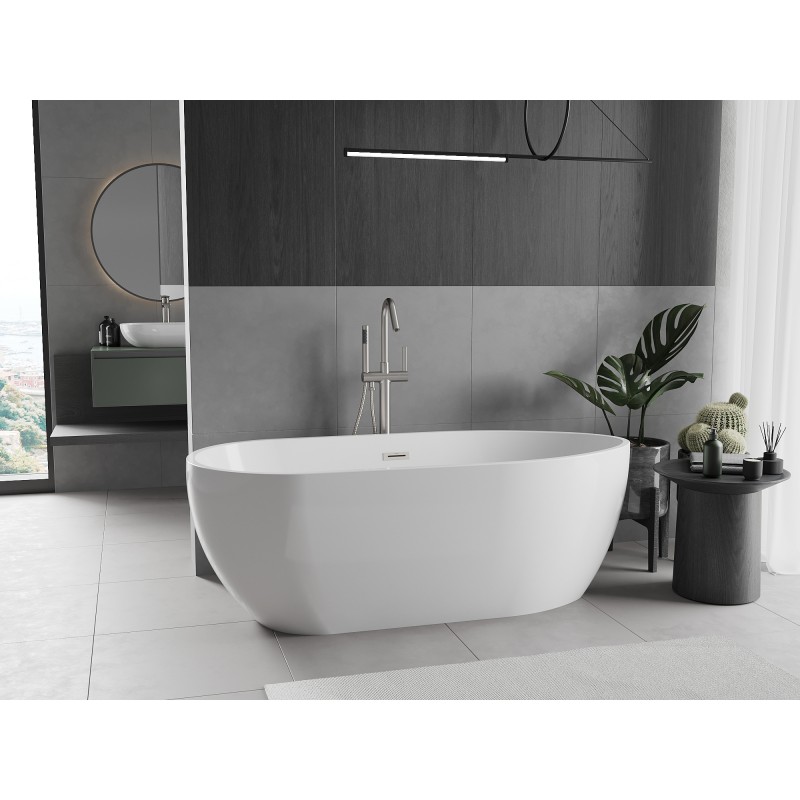 Mexen Eos freistehende Badewanne 150 x 75 cm, weiß, Überlauf gebürstetes Nickel - 52471507500-97