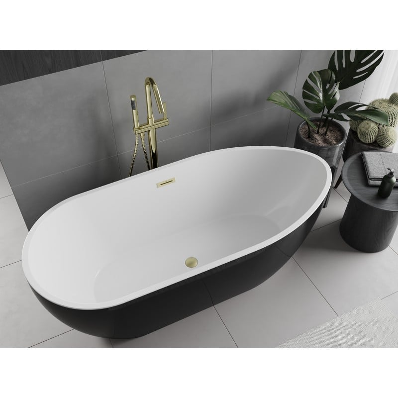Mexen Eos freistehende Badewanne 150 x 75 cm, weiß/schwarz, Überlauf gebürstet gold - 52471507575-55