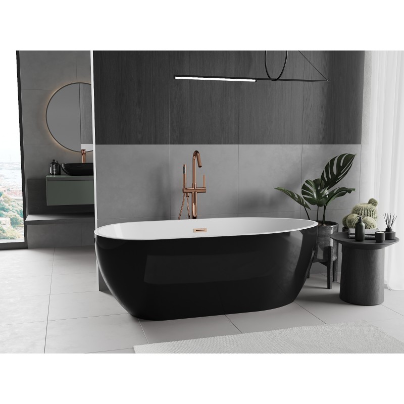 Mexen Eos freistehende Badewanne 150 x 75 cm, weiß/schwarz, Überlauf gebürstetes Kupfer - 52471507575-65