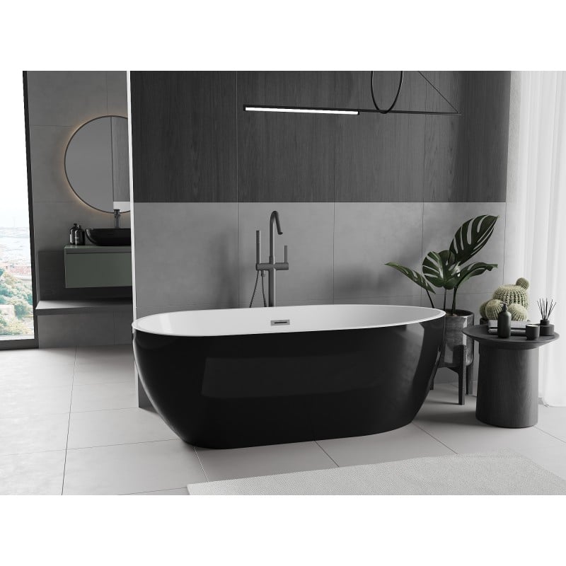 Mexen Eos freistehende Badewanne 150 x 75 cm, weiß/schwarz, Überlauf gun gray gebürstet - 52471507575-66