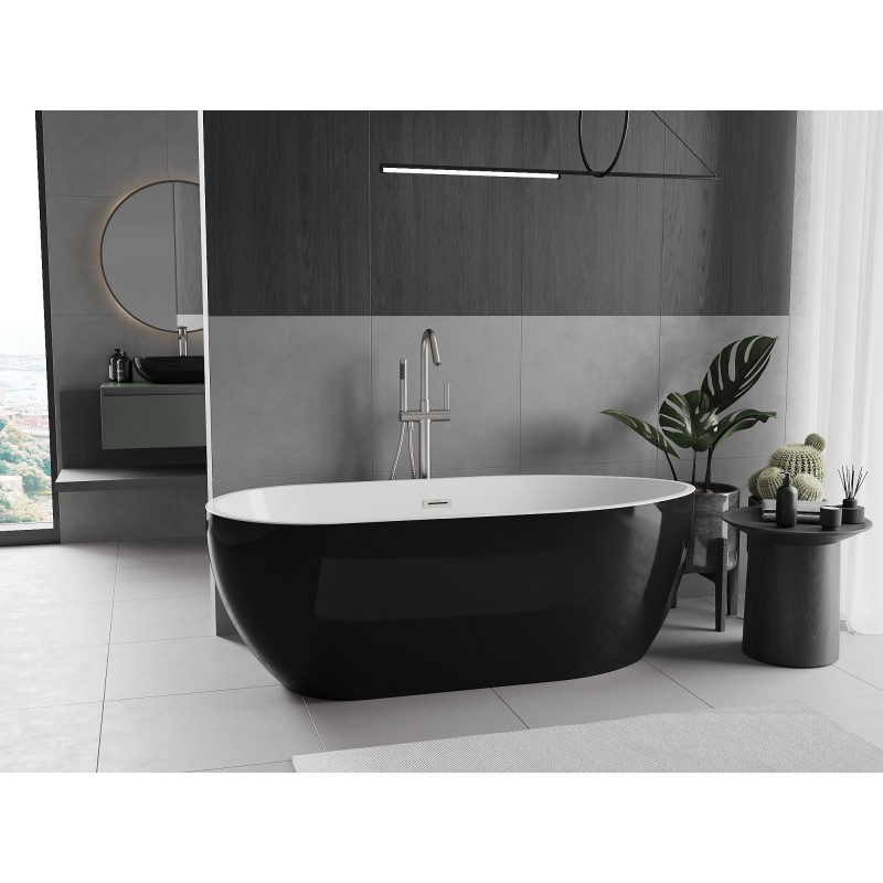 Mexen Eos freistehende Badewanne 150 x 75 cm, weiß/schwarz, Überlauf gebürsteter Nickel - 52471507575-97
