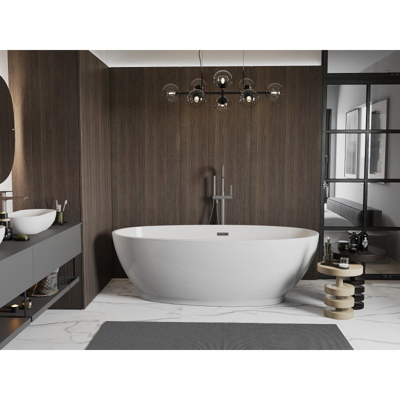 Mexen Bilbao freistehende Badewanne 180 x 90 cm, weiß, Überlauf gun gray gebürstet - 51311809000-66