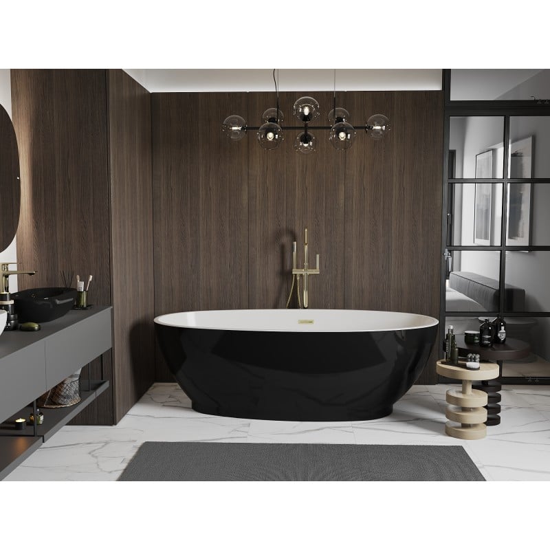 Mexen Bilbao freistehende Badewanne 180 x 90 cm, weiß/schwarz, Überlauf gold - 51311809075-50