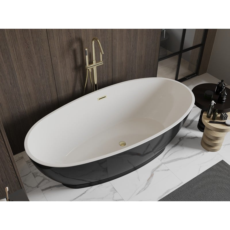 Mexen Bilbao freistehende Badewanne 180 x 90 cm, weiß/schwarz, Überlauf gebürstetes Gold - 51311809075-55