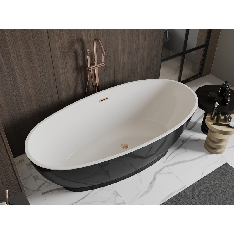 Mexen Bilbao freistehende Badewanne 180 x 90 cm, weiß/schwarz, Überlauf gebürstetes Kupfer - 51311809075-65