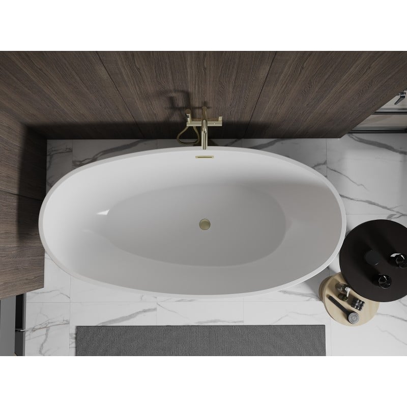 Mexen Bilbao freistehende Badewanne 180 x 90 cm, weiß/schwarz, Überlauf gebürstetes Gold - 51311809075-55