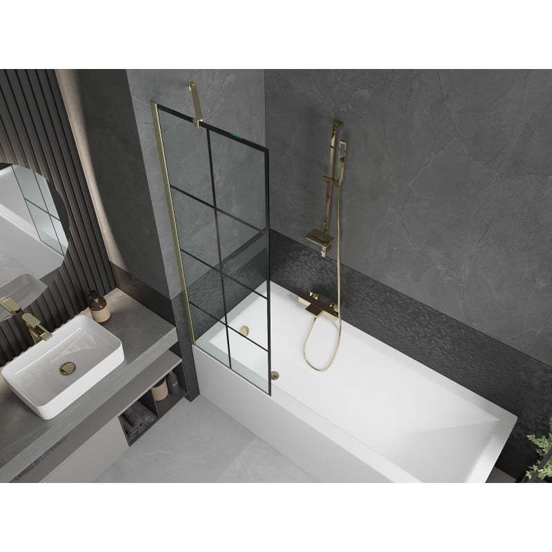 Mexen Next Badewannenwand 1-flügelig 60 x 150 cm, schwarzes Gitter, gebürstetes Gold - 895-060-000-00-77-55