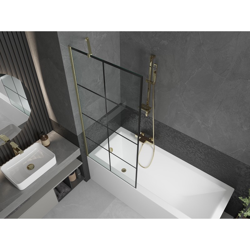 Mexen Next Badewannenfaltwand 1-flügelig 80 x 150 cm, schwarzes Gitter, gebürstetes Gold - 895-080-000-00-77-55