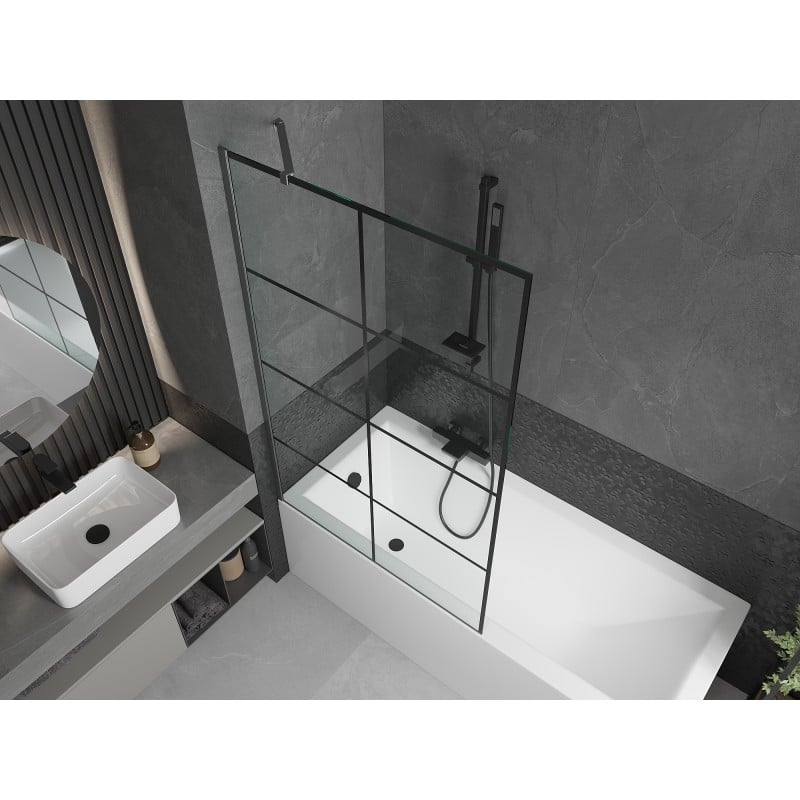 Mexen Next Badewannenfaltwand 1-flügelig 100 x 150 cm, schwarzes Gitter, gebürstetes Gun Gray - 895-100-000-00-77-66