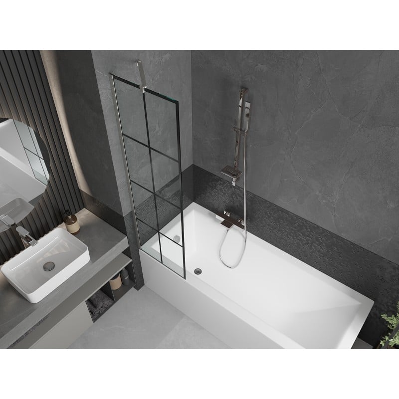 Mexen Next Badewannenfaltwand 1-flügelig 50 x 150 cm, schwarzes Raster, gebürsteter Nickel - 895-050-000-00-77-97