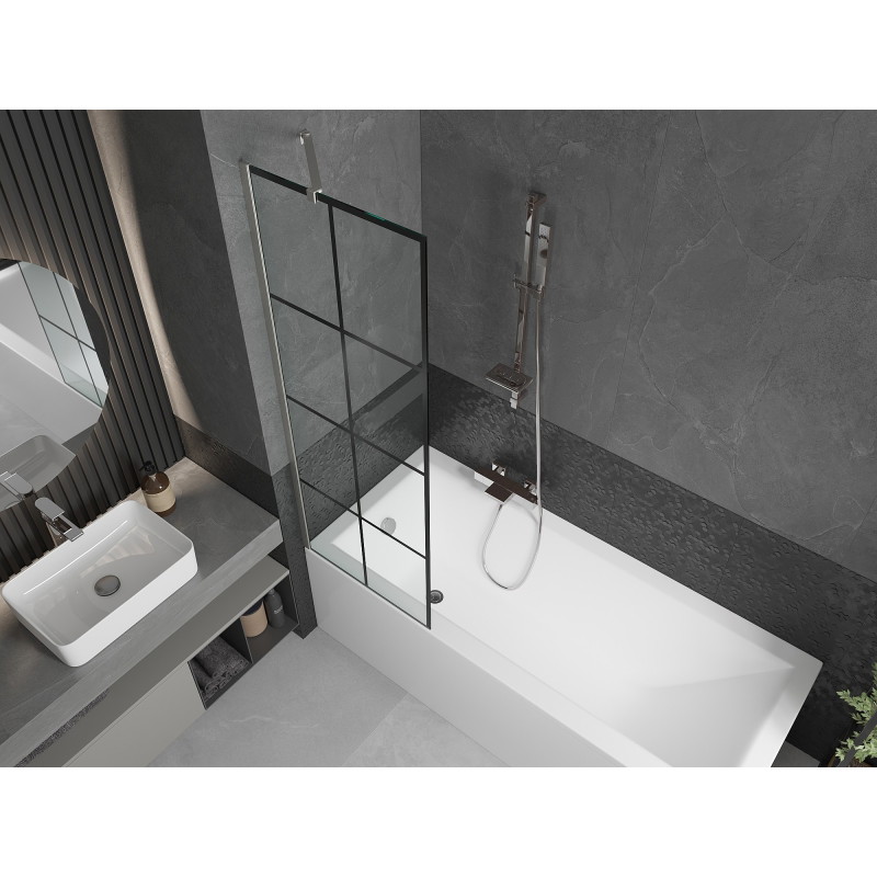 Mexen Next 1-flügelige Badewannenabtrennung 60 x 150 cm, schwarzes Gitter, gebürsteter Nickel - 895-060-000-00-77-97