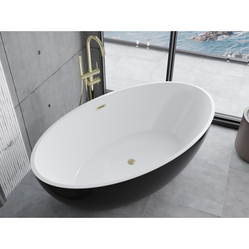 Mexen Nike freistehende Badewanne 175 x 100 cm, weiß/schwarz, Überlauf gold gebürstet - 54071751075-55