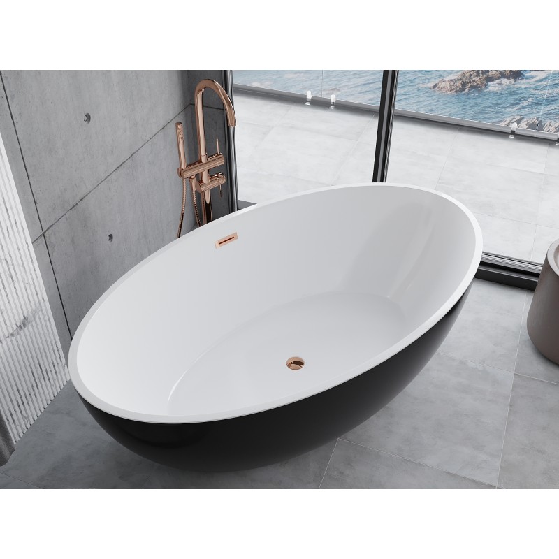 Mexen Nike freistehende Badewanne 175 x 100 cm, weiß/schwarz, Überlauf roségold - 54071751075-60