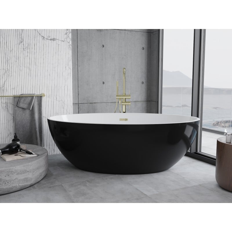 Mexen Nike freistehende Badewanne 175 x 100 cm, weiß/schwarz, Überlauf gold - 54071751075-50