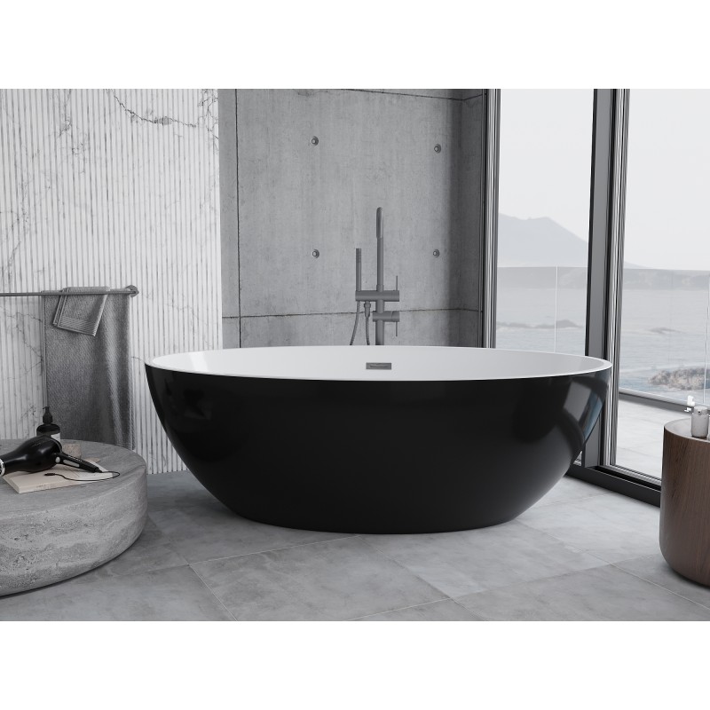 Mexen Nike freistehende Badewanne 175 x 100 cm, weiß/schwarz, Überlauf gun gray gebürstet - 54071751075-66