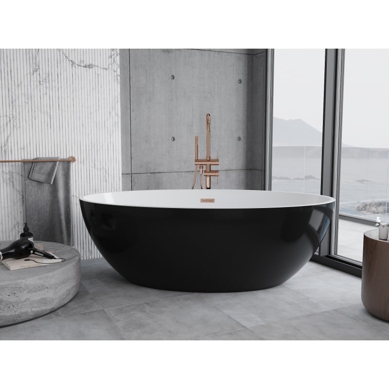 Mexen Nike freistehende Badewanne 175 x 100 cm, weiß/schwarz, Überlauf gebürstetes Kupfer - 54071751075-65