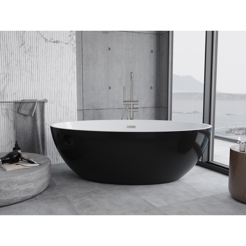 Mexen Nike freistehende Badewanne 175 x 100 cm, weiß/schwarz, Überlauf gebürsteter Nickel - 54071751075-97