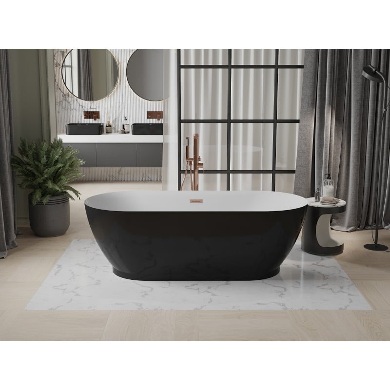 Mexen Roxy freistehende Badewanne 180 x 85 cm, weiß/schwarz, Ablauf gebürstetes Kupfer - 51201808575-65