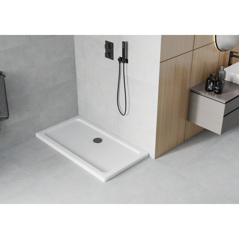 Mexen Flat Rechteckige Duschwanne Slim 140 x 70 cm, Weiß, Schwarzer Siphon - 40107014B