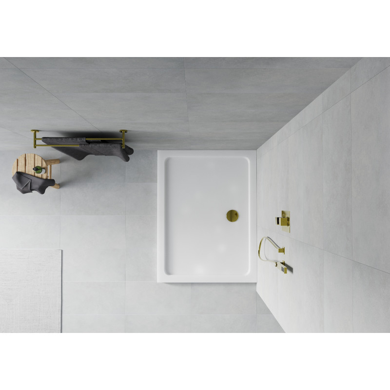Mexen Flat rechteckige Duschwanne Slim 130 x 80 cm, weiß, goldener Siphon - 40108013G