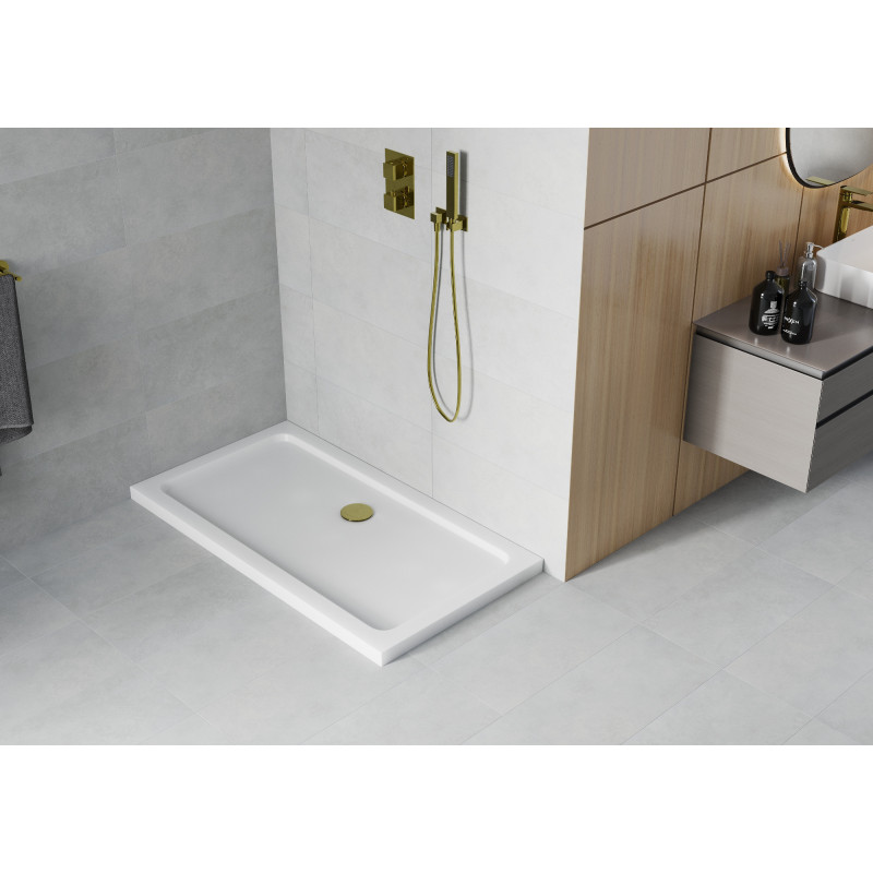 Mexen Flat Slim-Rechteck-Duschwanne 130 x 70 cm, weiß, goldener Siphon - 40107013G