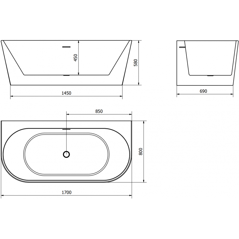Mexen Oval+ freistehende wandmontierte Badewanne 170 x 80 cm, weiß, Überlauf weiß - 52681708000-20