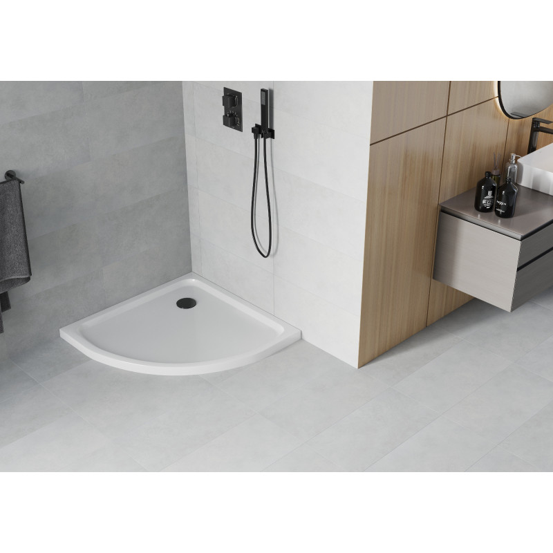 Mexen Flat Halbrunde flache Duschwanne 90 x 90 cm, weiß, schwarzer Siphon - 41109090B