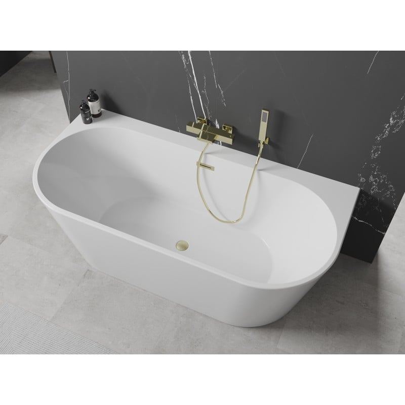 Mexen Oval+ freistehende wandnahe Badewanne 170 x 80 cm, weiß, Überlauf gebürstetes Gold - 52681708000-55