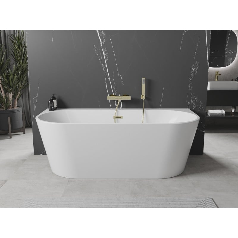Mexen Oval+ freistehende wandnahe Badewanne 170 x 80 cm, weiß, Überlauf gebürstetes Gold - 52681708000-55
