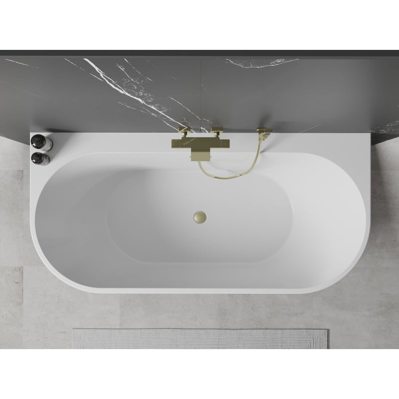 Mexen Oval+ freistehende wandnahe Badewanne 170 x 80 cm, weiß, Überlauf gebürstetes Gold - 52681708000-55