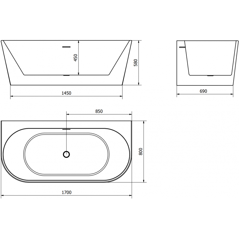 Mexen Oval+ freistehende Wannenwand 170 x 80 cm, weiß, Überlauf gun gray gebürstet - 52681708000-66