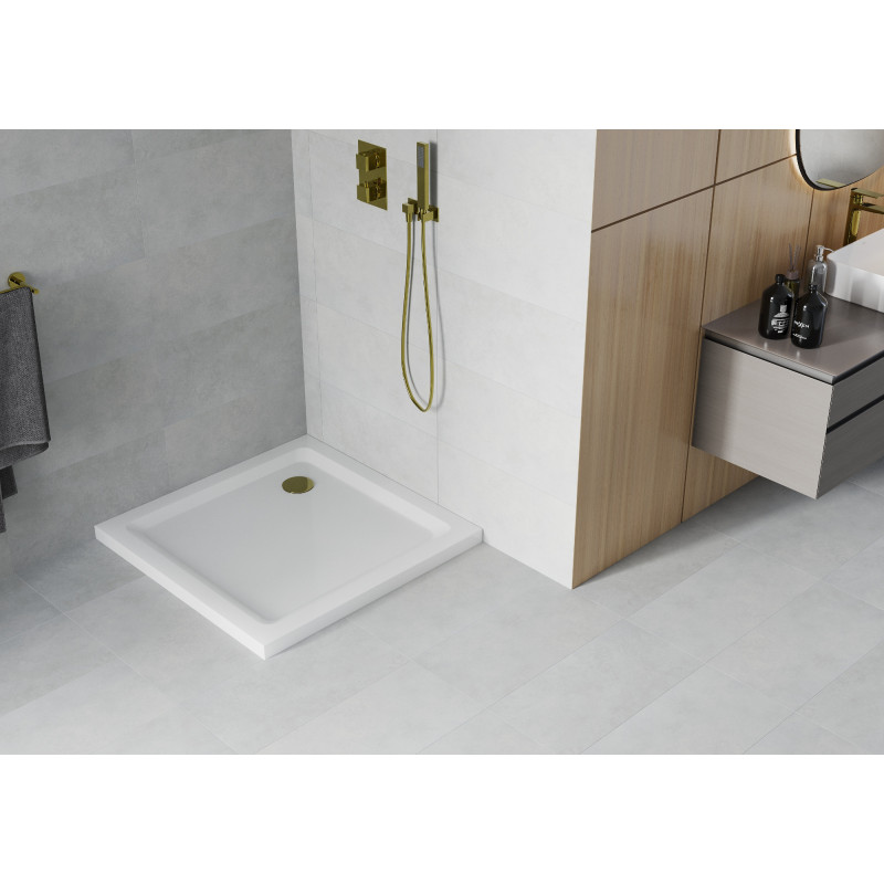 Mexen Flat Quadratische Duschwanne Slim 90 x 90 cm, Weiß, Goldener Siphon - 40109090G