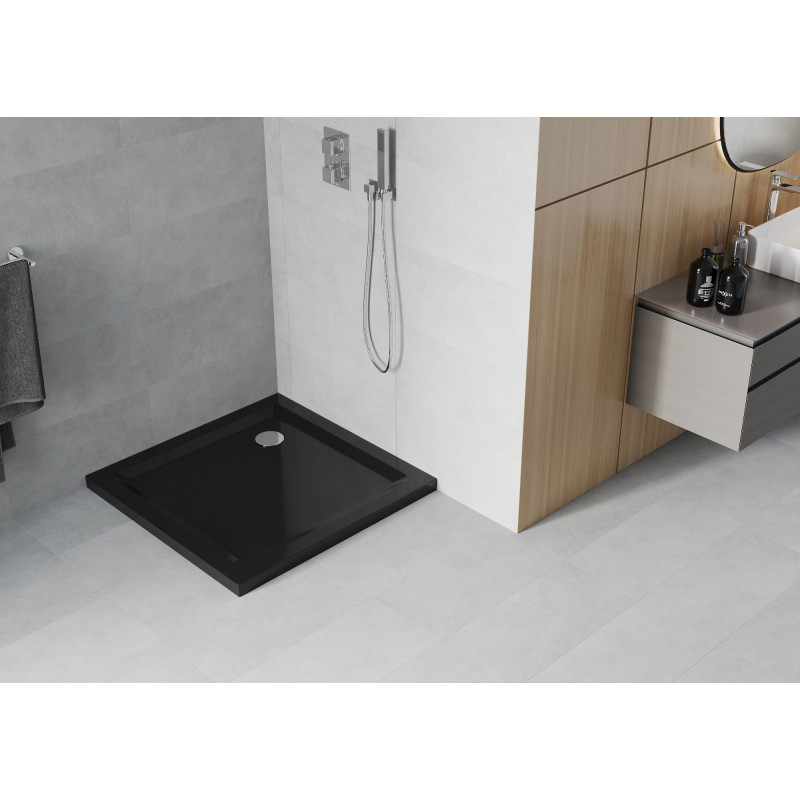 Mexen Flat quadratische Duschwanne Slim 80 x 80 cm, schwarz, Siphon Chrom - 40708080