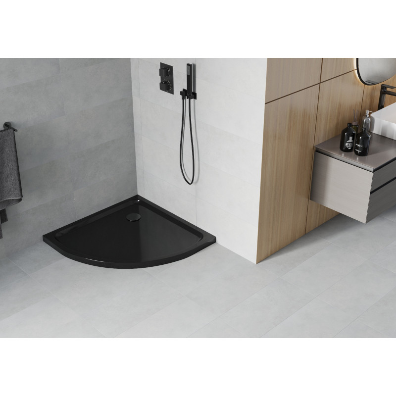 Mexen Flat Halbrunde Slim-Duschwanne 80 x 80 cm, Schwarz, schwarzer Siphon - 41708080B