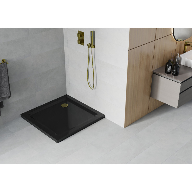 Mexen Flat quadratische Duschwanne Slim 80 x 80 cm, schwarz, Ablauf gold - 40708080G