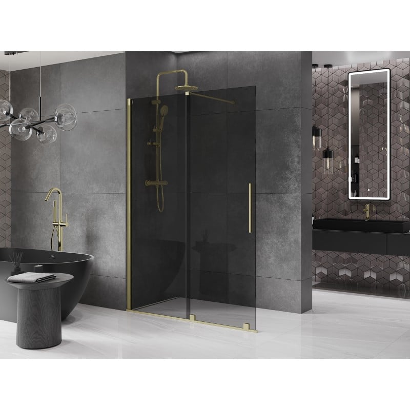 Mexen Velar Schiebeduschelement Walk-in 130 x 200 cm, Graphit 8 mm, gebürstetes Gold - 871-130-000-43-55
