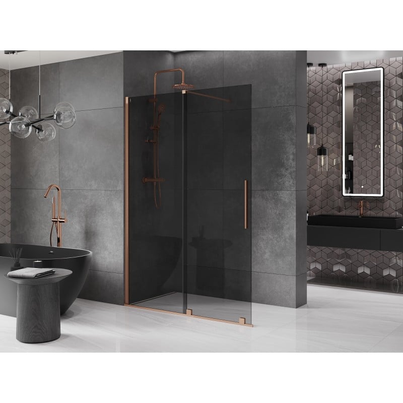Mexen Velar Duschwand zum Verschieben Walk-in 130 x 200 cm, Graphit 8 mm, gebürstetes Kupfer - 871-130-000-43-65