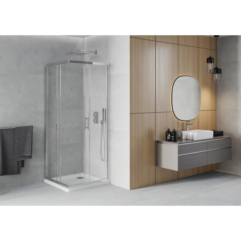 Mexen Rio quadratische Duschkabine 70 x 70 cm, transparent, Chrom + Duschtasse Flat, weiß - 860-070-070-01-00-4010