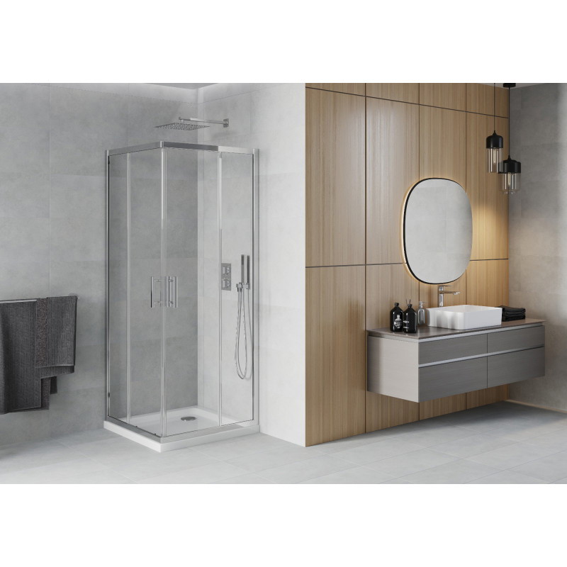 Mexen Rio quadratische Duschkabine 70 x 70 cm, transparent, Chrom + Duschtasse Flat, weiß - 860-070-070-01-00-4010