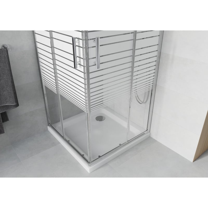Mexen Rio Quadratische Duschkabine 80 x 80 cm, weiße Streifen, Chrom + flacher Duschwanne, weiß - 860-080-080-01-20-4010
