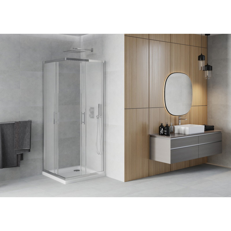 Mexen Rio quadratische Duschkabine 90 x 90 cm, Eisoptik, Chrom + Flat Brausewanne, weiß - 860-090-090-01-30-4010
