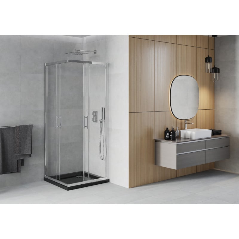 Mexen Rio quadratische Duschkabine 90 x 90 cm, transparent, Chrom + Duschwanne Flat, schwarz - 860-090-090-01-00-4070