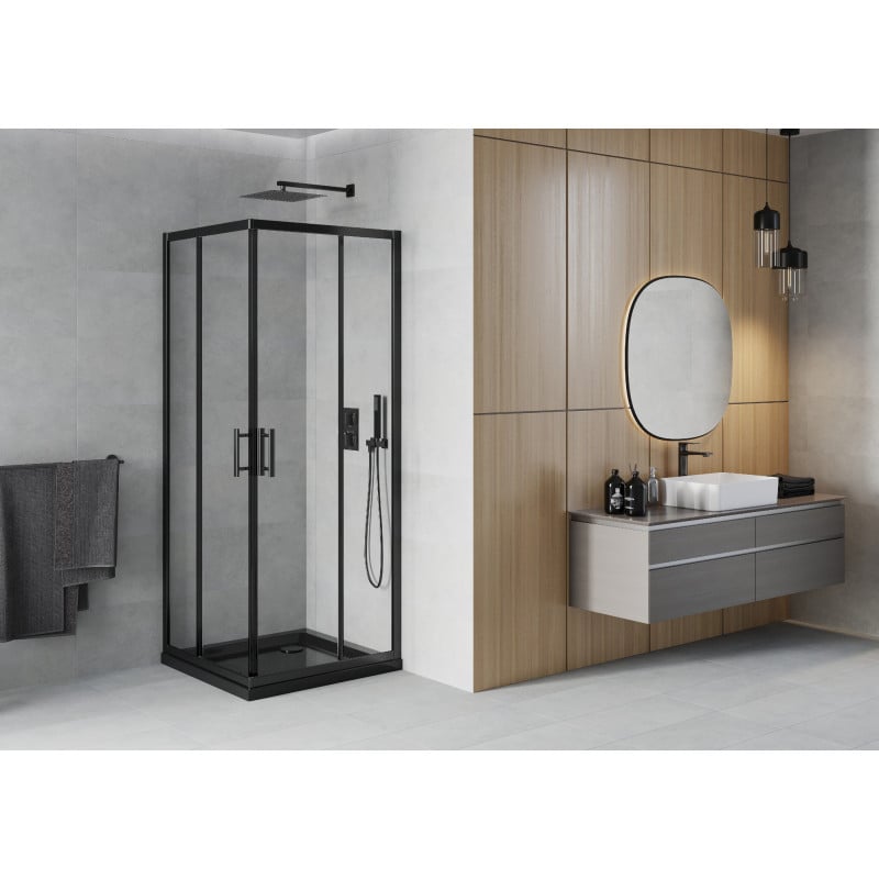 Mexen Rio Quadratische Duschkabine 90 x 90 cm, transparent, schwarz + Flat Duschwanne, schwarz - 860-090-090-70-00-4070B