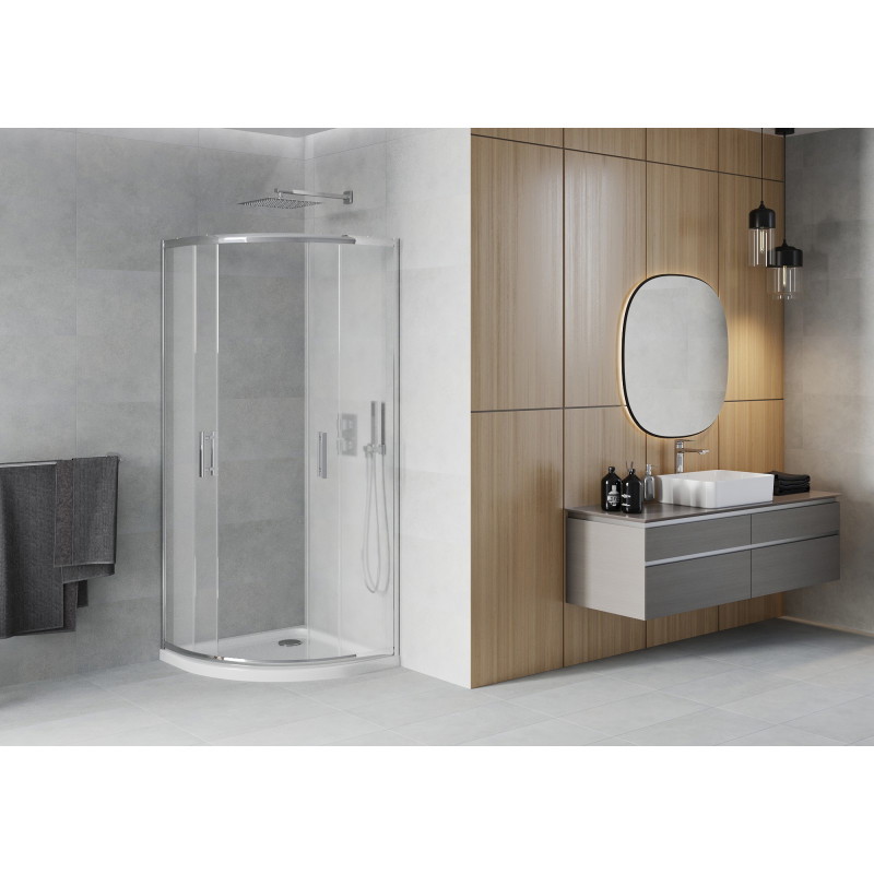 Mexen Rio Halbrunde Duschkabine 80 x 80 cm, satiniert, Chrom + Duschwanne Flat, weiß - 863-080-080-01-30-4110