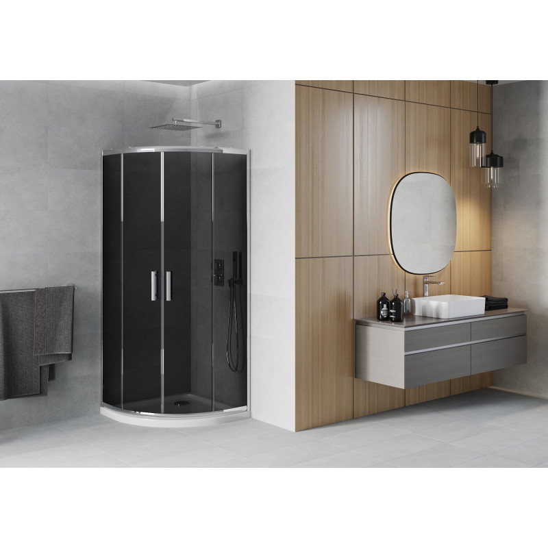 Mexen Rio Halbrunde Duschkabine 80 x 80 cm, Grafit, Chrom + Duschtasse Flat, Weiß - 863-080-080-01-40-4110