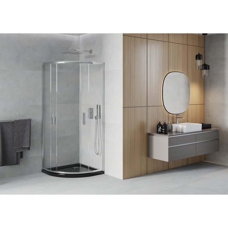 Mexen Rio Duschkabine halbrund 80 x 80 cm, transparent, Chrom + Duschwanne Flat, schwarz - 863-080-080-01-00-4170