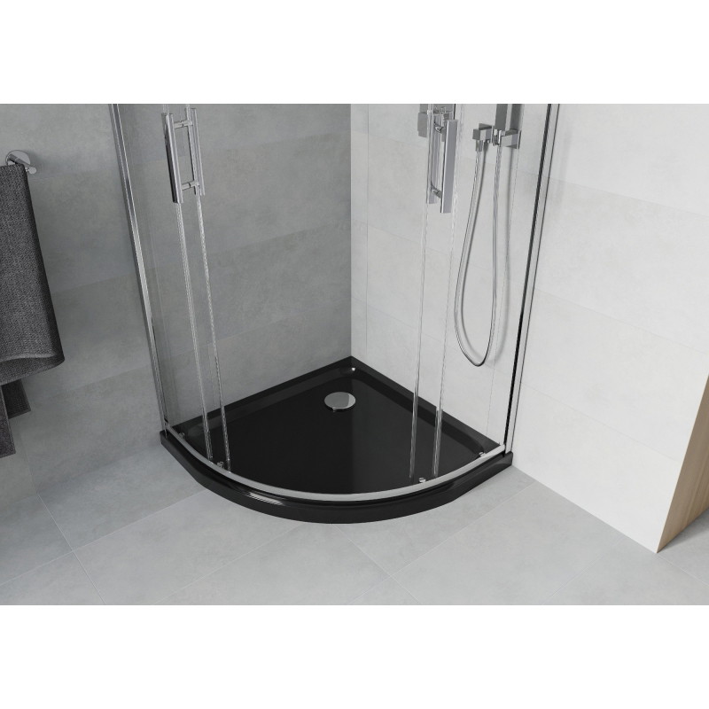 Mexen Rio Halbrunde Duschkabine 80 x 80 cm, transparent, Chrom + Duschwanne Flat, schwarz - 863-080-080-01-00-4170