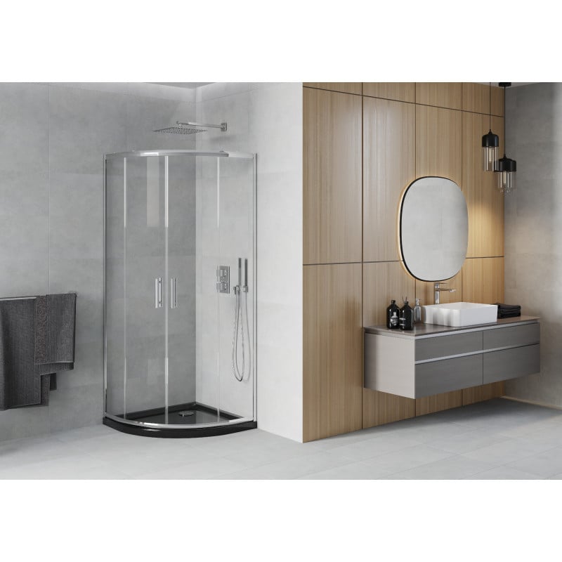 Mexen Rio Duschkabine halbrund 80 x 80 cm, transparent, Chrom + Duschwanne Flat, schwarz - 863-080-080-01-00-4170