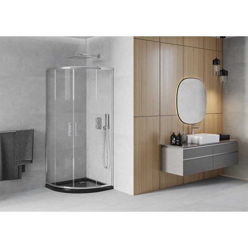 Mexen Rio Halbrunde Duschkabine 80 x 80 cm, transparent, Chrom + Duschwanne Flat, schwarz - 863-080-080-01-00-4170
